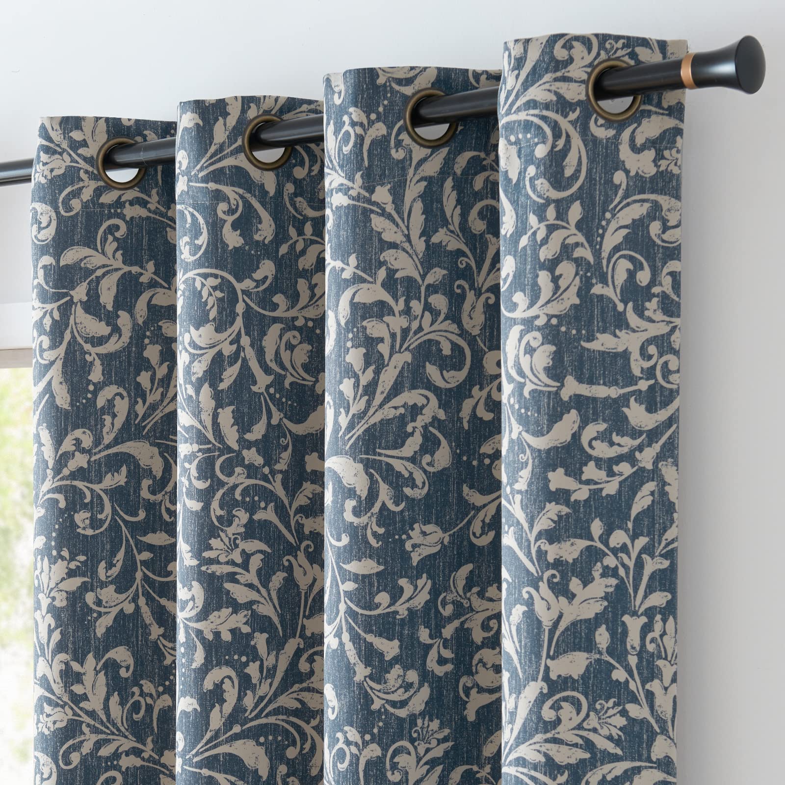 Jinchan 80% Blackout Curtains For Living Room, Farmhouse Drapes With Scroll Floral Patterned For Bedroom, Extra Long Grommet Thermal Insulated Curtains, Vintage Curtains108 Inch Length 2 Panels Blue